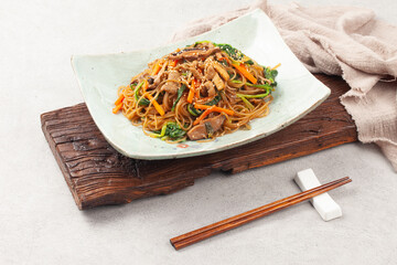 Japchae is a dish made by stir-frying vegetables, mushrooms, meat, and other ingredients and mixing them with boiled glass noodles.

