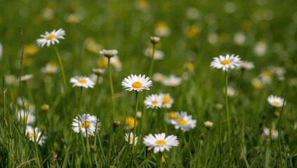 Fototapeta premium Lush meadow filled with white chamomile blossoms under bright sunlight in a warm season