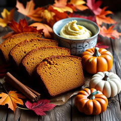 Warm autumn loaves of pumpkin bread with cinnamon and butter
