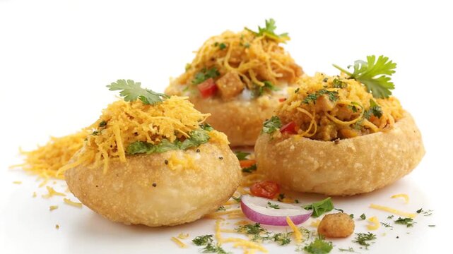 sev batata puri spicy indian snack on white background orbit video