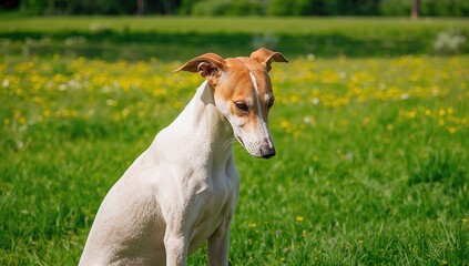 Obraz premium Stunning whippet close-up in a green outdoor setting