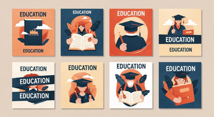 Collection of vibrant illustrations showcasing diverse aspects of education, learning, and academic achievement for students