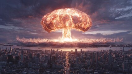 Massive nuclear explosion over city skyline with bright mushroom cloud rising above buildings in apocalyptic atmosphere - Powered by Adobe