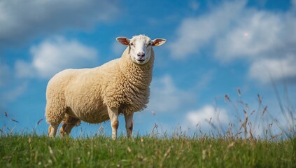 A sheep posing elegantly on vibrant green grass under a clear blue sky
