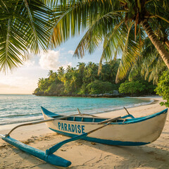 Tropical Beach With Boat On Sand Under Palm Trees At Sunset For Vacation Getaway