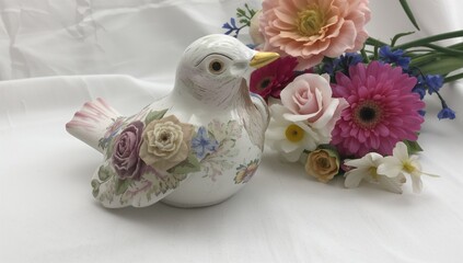 Delicate ceramic bird adorned with floral patterns alongside bright blossoms. Gentle pastel hues and fine craftsmanship evoke tranquility and grace.