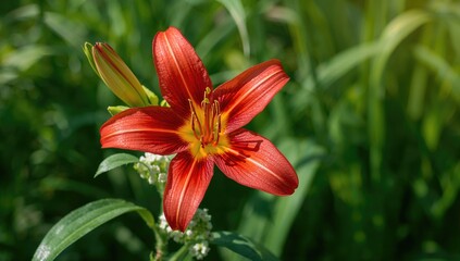 Obraz premium Stunning crimson lily blossom against a lush green backdrop, showcasing summer's floral beauty in a garden setting