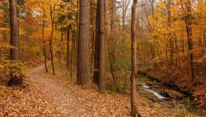 Fototapeta premium Wooded path in fall with detailed bark, heading towards a stream and picturesque path.