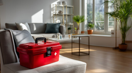 Modern interior — red emergency kit displayed prominently in a tidy living room, white wall and soft daylight emphasizing readiness and safety, with copy space.