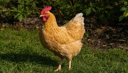 Fototapeta premium A domestic yellow chicken (Gallus domesticus) is perched on the lawn