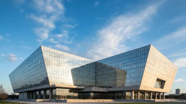 Striking modern building with reflective glass facade and concrete elements against blue sky