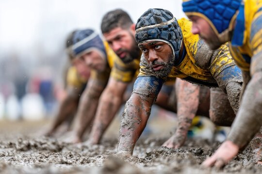 Rugby players in muddy field push themselves during a match in winter, showcasing teamwork and determination in challenging conditions - Powered by Adobe