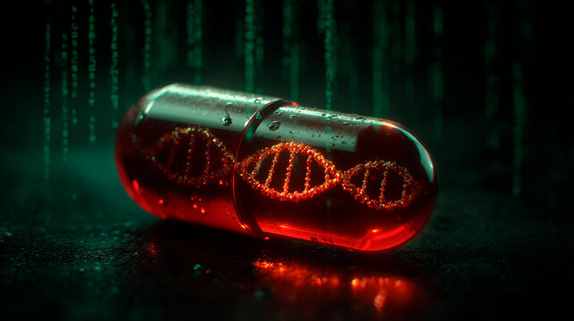 Translucent red pill with DNA helix