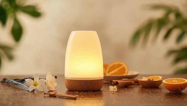 Aromatherapy diffuser with vanilla and citrus scents on a surface