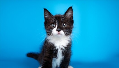Funny Tuxedo Kitten Sitting Looking At Camera On A Blue Background