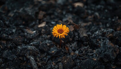 A strong bloom rises from the glowing ashes, challenging adversity and evoking wonder. Its bright petals, standing out against the burnt remains, represent optimism and beauty emerging.