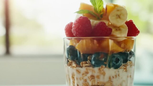 Colorful layered fruit parfait in a glass cup with green background