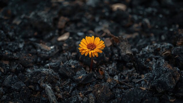 A strong bloom rises from the glowing ashes, challenging adversity and evoking wonder. Its bright petals, standing out against the burnt remains, represent optimism and beauty emerging.