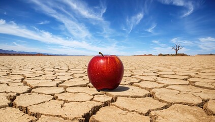 A single apple resting on parched, fractured earth symbolizing hunger, drought, and environmental challenges like climate change and desertification.