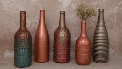 Spray-painted bronze bottles crafted by hand. Budget-friendly decorative crafts. Bottle vases.
