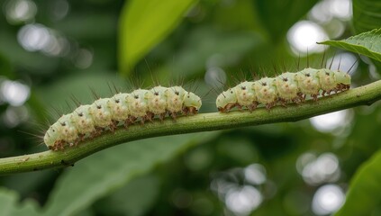 Naklejka premium Adorable tiny caterpillars resting on a leafy twig
