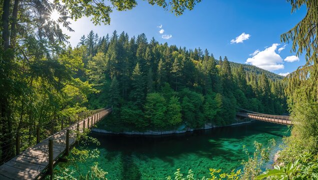 Fototapeta Sunny summer day at a scenic suspension bridge surrounded by lush greenery