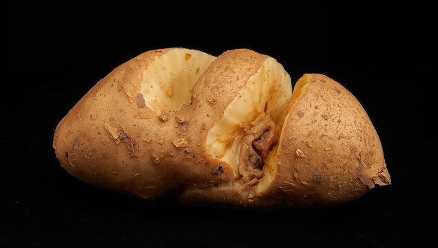 Close-up of irregularly shaped natural potato against dark backdrop