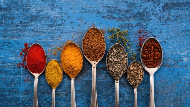Vibrant spices and herbs displayed on vintage spoons against a blue wooden surface