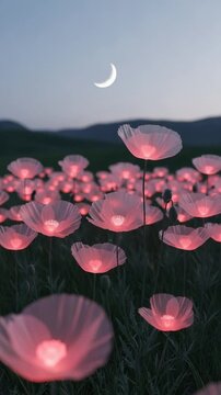 Glowing Pink Poppies Field Under Crescent Moon At Dusk With Rolling Hills In Background