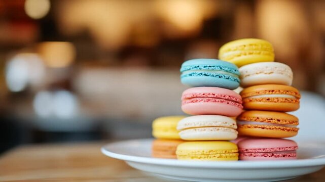 Colorful macarons stacked on a plate against blurred background