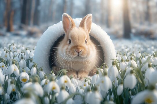 Adorable rabbit resting inside a tunnel surrounded by snowdrop blossoms in a forest.
