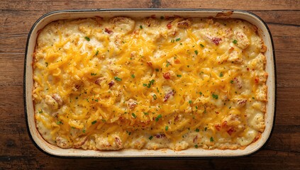 Quick and simple cheesy potato casserole baked in the oven, featuring creamy chicken soup, served in a dish on a wooden surface. Top-down horizontal close-up view.