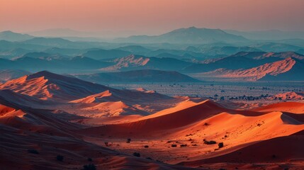 Naklejka premium Beautiful landscape of sand dunes meets blue mountains at sunset. Use this for travel blogs, adventure ads, or nature projects.