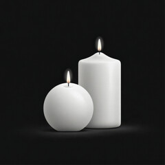 Realistic lit candles, white, on a black background, representing serenity and memorial