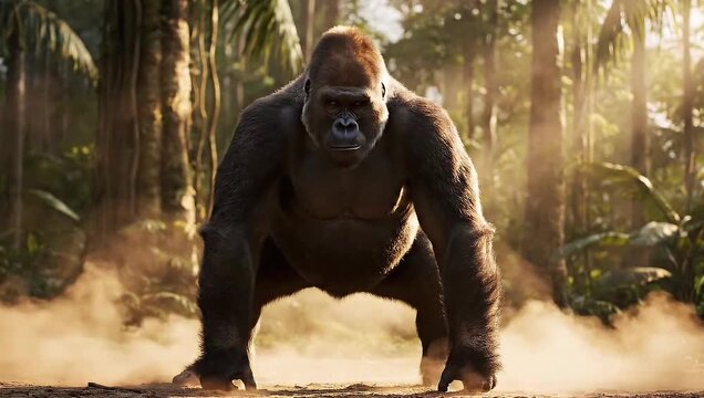 Low-angle shot of a large gorilla standing in a crouched position, surrounded by dust, in a dense jungle with tall trees and lush greenery, conveying a powerful and intense mood.