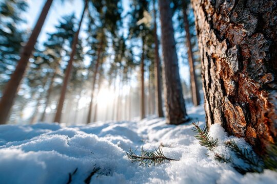 Snow-covered forest ground in winter sunlight with tall pine trees creating a serene atmosphere