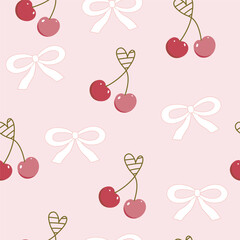 seamless  pair of cherries with stem and heart shaped leaf pattern with bow , vector , illustration