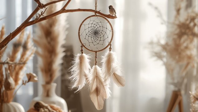 Artisan-crafted dreamcatcher showcased in an earthy environment - Powered by Adobe