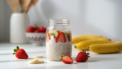 Healthy Overnight Oats with Kiwi, Strawberry, Banana, Chia Seeds, and Skim Milk in a Jar