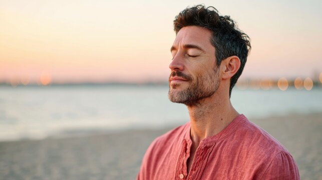 holistic longevity design. Man in a red shirt meditating peacefully by the beach at sunset.
