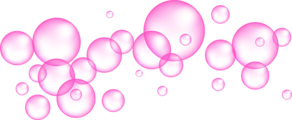 Set of flying pink bubbles floating in the air on a soft white background, creating a dreamy and delicate atmosphere.