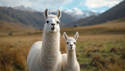 Fototapeta premium An adult white Llama with its offspring photographed in mountainous terrain