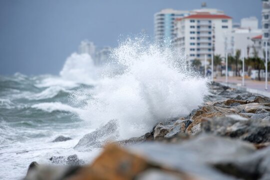 Waves crashing against rocky shore along a coastal city on a cloudy day with stormy skies