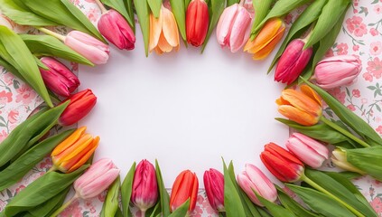 A clean sheet surrounded by vibrant tulips creates a perfect backdrop for expressing love on Valentine's or honoring Mom on her special day.