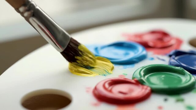 Close-up of a paintbrush picking up yellow paint from a colorful art palette