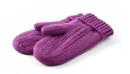 Detailed view of violet hand-knit gloves against a plain backdrop