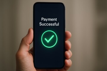 App payment integration. Payment confirmation displayed on a smartphone screen with a green checkmark.