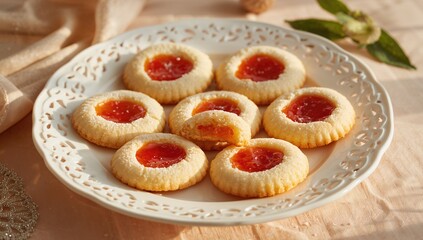 Jam-stuffed butter cookies arranged on a white dish