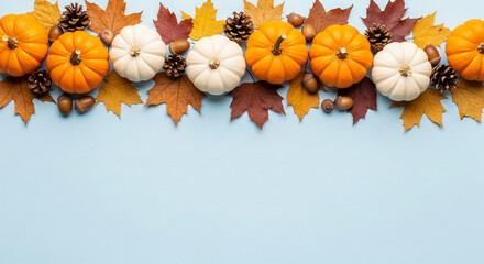 Autumn arrangement of pumpkins, acorns, pine cones, and maple leaves on light-blue background, forming festive fall border with free space for text or design, perfect for seasonal greetings or ads