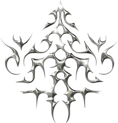 Futuristic chrome cybersigilism, neotribalism, gothic design with metallic spikes and abstract shapes transparent background, 3D digital render in sci-fi style.